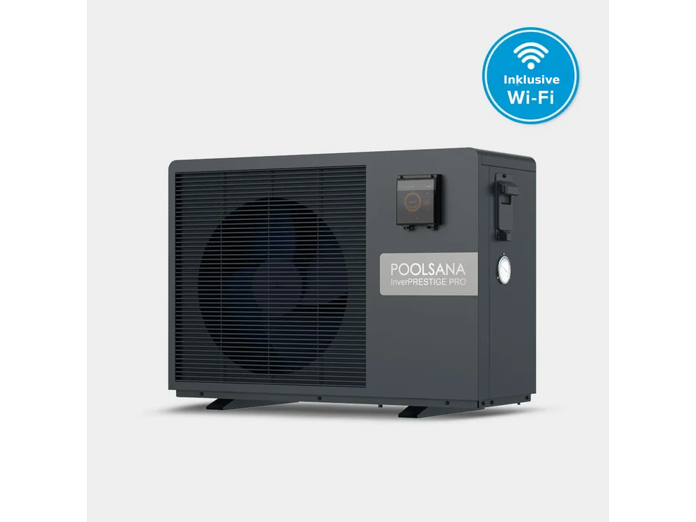 Wärmepumpe POOLSANA InverPRESTIGE PRO 7 mit Aufschrift «WiFi inklusive», Ansicht von vorn