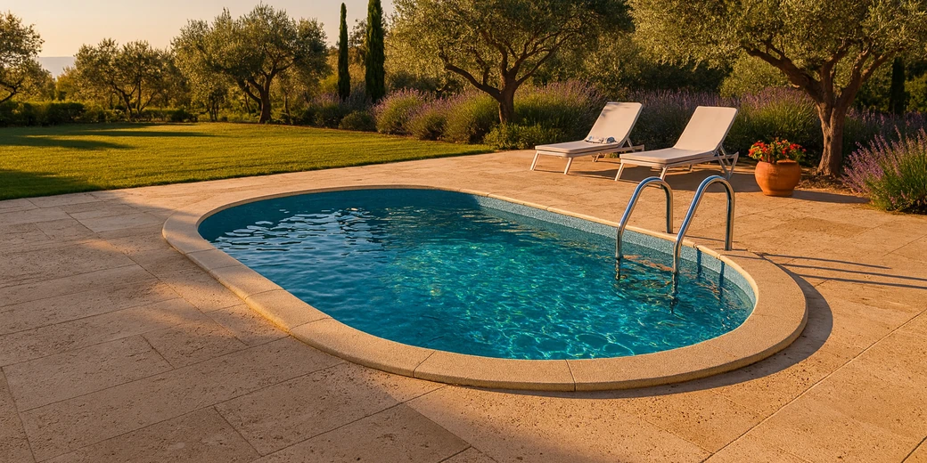 Ovaler Aufstellpool Ibiza zum Einbau in einen mediterranen Garten
